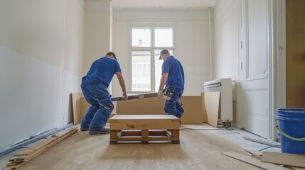 A photo of two uniformed worker men in blue shirts and work pants, working on wooden furniture inside an empty living room with white walls during some renovations