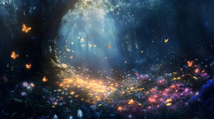 Naklejka premium Enchanted forest dreamlike atmosphere glowing flowers mystical ethereal creatures
