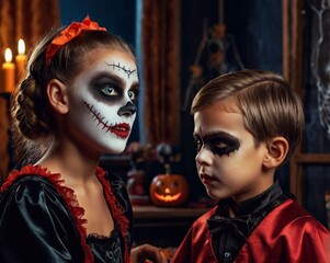 Obraz premium Halloween children's makeup. A young woman prepares children for a costume party and applies makeup to a little boy that makes him a vampire. Halloween concept 