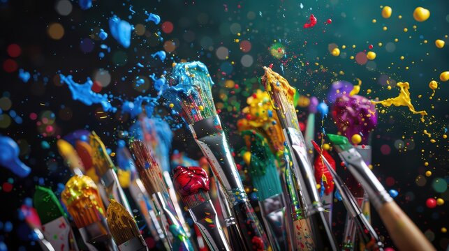 A vibrant scene of paintbrushes and colorful paints, with splashes of color flying around in the air, creating an atmosphere that symbolizes creativity and artistic expression
