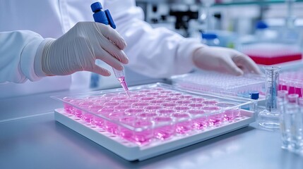 Researcher handling cell culture plates in a sterile environment, lab safety, precision work