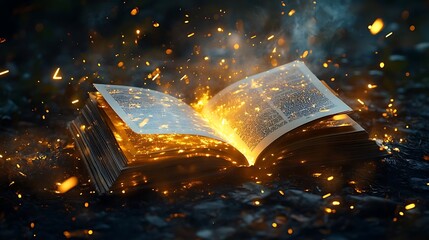 Open Book Glowing With Magical Light, Sparks, and Smoke Illustration