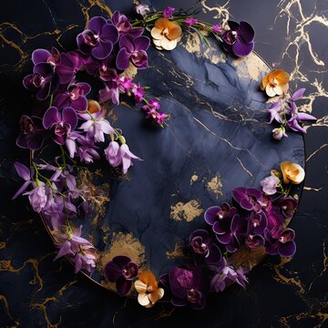 A dark marble with gold swirls, graced by a stunning circle arrangement of royal purple orchids and lavender freesias. 