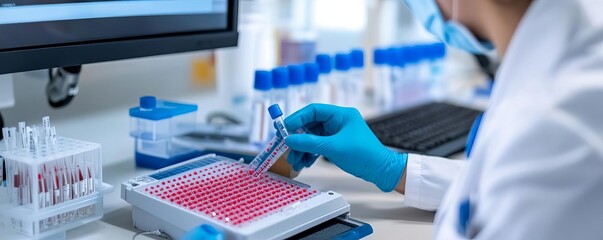 Lab technician using a hemocytometer to count cells manually, cell quantification, precision work