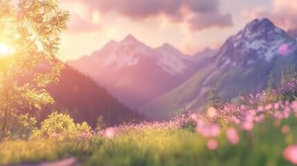 Obraz premium A serene landscape featuring mountains, blooming flowers, and soft sunlight, evoking tranquility and natural beauty.