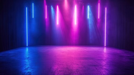 Obraz premium Empty Stage Illuminated by Neon Lights and Smoke