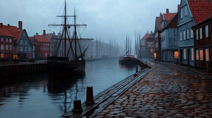 Fototapeta premium Historic European Harbor Town with Sailing Ships at Dusk