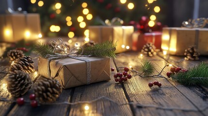 Festively wrapped gifts surrounded by pinecones and twinkling lights on a wooden floor during the holiday season