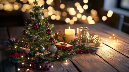 Festively decorated Christmas table featuring a small tree, candles, and holiday ornaments in a warm, cozy setting