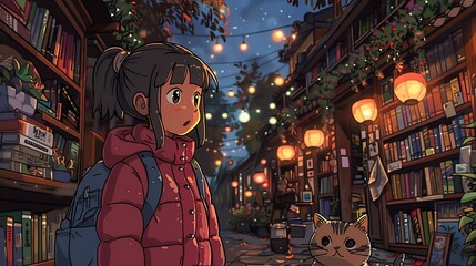 Obraz premium A cartoon of a girl and her cat walking through an enchanted library, with floating books and softly glowing lanterns lighting the way, the girl marveling at the magical scene,