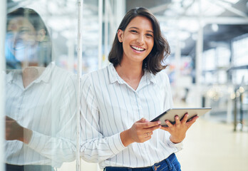 Office, tablet and businesswoman in portrait for article, local updates and breaking news on...
