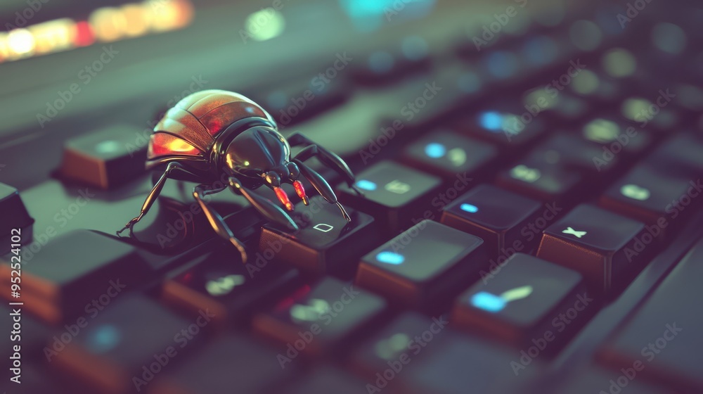 Aufkleber A detailed 3D rendering of a digital bug crawling on a computer keyboard, symbolizing cybersecurity threats and malware concepts.
