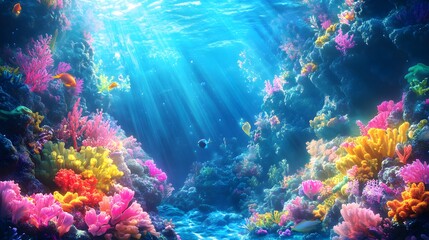 Obraz premium Underwater scene with mermaids exploring colorful coral gardens illuminated by sunbeams Vivid fantastical with vibrant colors fluid shapes realistic 3D marine life
