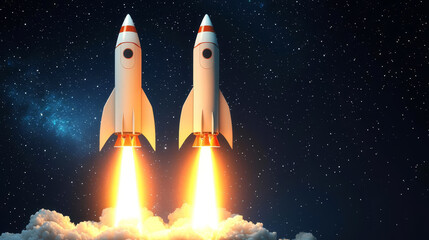 Naklejka premium Two rockets racing to space, symbol of corporate competition, 3D illustration