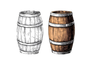Obraz premium Wood barrel. Hand drawn sketch engraving style vector illustrations