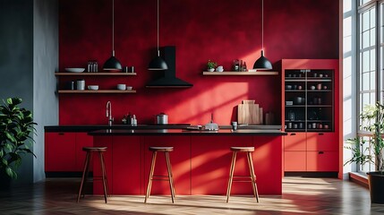 Red Kitchen Interior Design with Black Accents and Sunlight Illustration