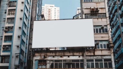 Obraz premium A large white billboard sits on the side of a building in a city