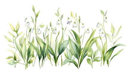 Fototapeta premium Watercolor Painting of Snowdrop Flowers with Green Leaves