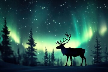 Naklejka premium Silhouette of reindeer in the northern lights 