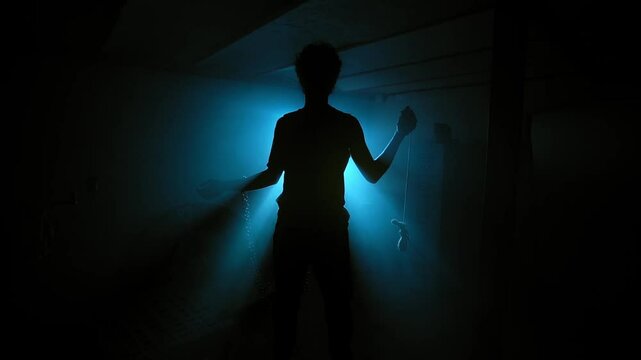Silhouette of the presence of a man in a dark basement illuminated by a single light entrance. The man has a small doll hanging from his hand