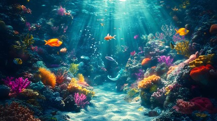 Naklejka premium Mermaids exploring a colorful underwater world with coral gardens and sunbeams shining through the water Vivid fantastical with fluid shapes realistic 3D marine life