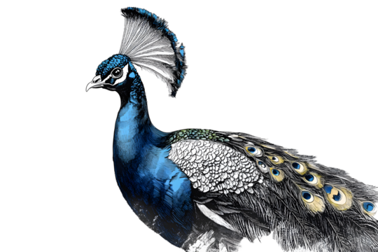 Peacock sketch hand drawn in engraving style. Vector illustration desing.