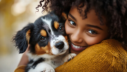African American young woman embracing her dog. Pleased happy Afro girl gets lovely puppy, plays and embraces four legged friend with love Woman hugs dog. Humans and pets