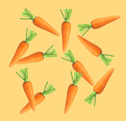 Whole ripe carrots in air on pale orange background