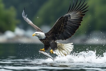 Fototapeta premium Majestic bald eagle captures a fish from a serene water body, showcasing its powerful hunting skills.