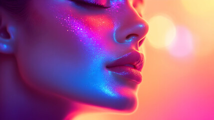 3D Holographic Plus Size Model with Radiance Text concept as A glossy vibrant background featuring a holographic plus size model with the word Radiance in an elegant font. The design offers generous c