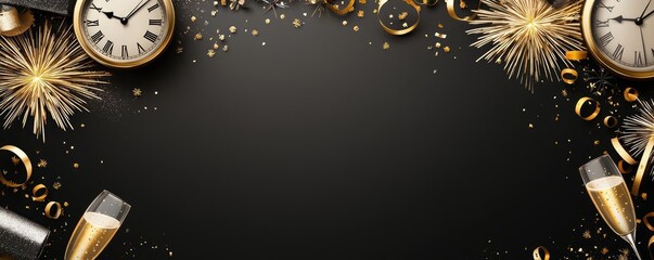 Celebrate with a festive backdrop featuring fireworks, champagne glasses, and elegant clocks for a joyous occasion.