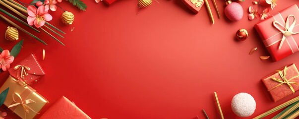 Festive flat lay with colorful gifts and decorations on a vibrant red background, perfect for holiday celebrations.