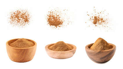 Aromatic cinnamon powder on white background, set