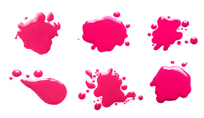 Blots of magenta printer ink on white background, set. Top view