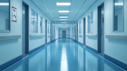 Fototapeta premium A long, brightly lit hospital corridor with a reflective blue floor, multiple doors on either side, and emergency exit signs, representing a typical modern healthcare facility environment