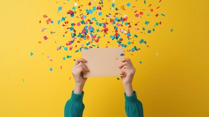 Pay day concept, hands holding a paycheck with confetti, joyful financial moment, 3D illustration