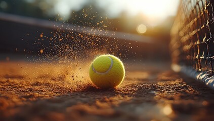 A tennis ball hitting the net on an outdoor court, with a blurred background of sand and sunlight. The focus is sharp on the tennis ball as it hits the racket's strung surface, creating dust particles