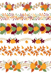 Seamless autumn hand-drawn borders set. Wreath with pimpkins and fall leaves for website header background. Vector illustration	