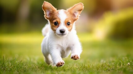 A playful puppy running joyfully across a grassy field, capturing the essence of innocence and energy.