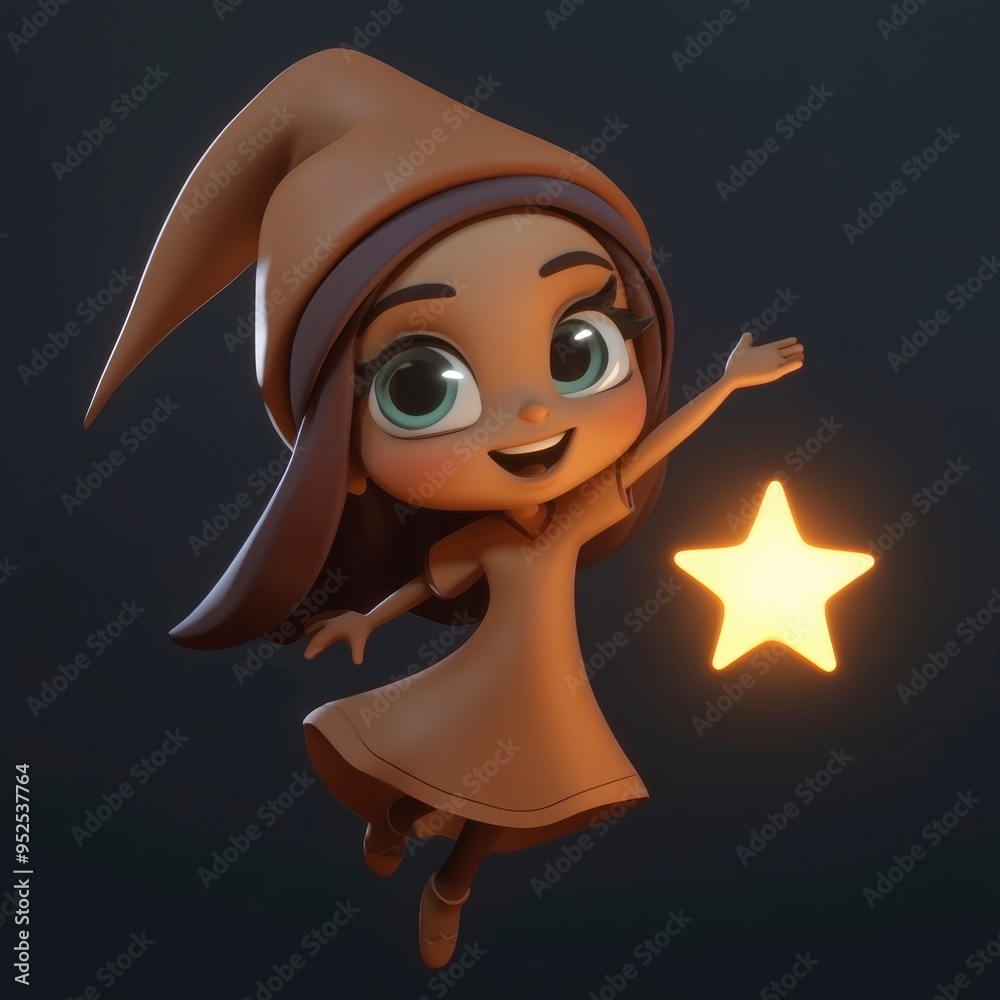 Poster cute cartoon girl with brown hat reaching for a star