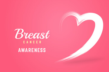 Pink Heart ribbon brush painting style with text Breast cancer awareness on October, gradient pink background is a muted pink