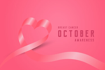 A pink Heart ribbon with text Breast cancer awareness on October, gradient pink background is a muted pink, A pink ribbon, symbolic of breast cancer awareness.