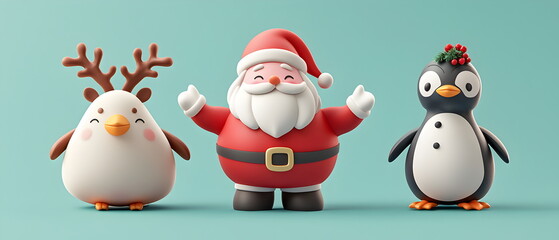 A vector set of 3 Christmas characters in clay design, including Santa Claus, a reindeer, and a penguin, adorable and festive, 3d render pastel color, isolated on a clean background