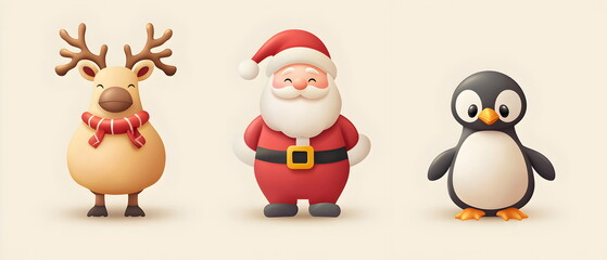 A vector set of 3 Christmas characters in clay design, including Santa Claus, a reindeer, and a penguin, adorable and festive, 3d render pastel color