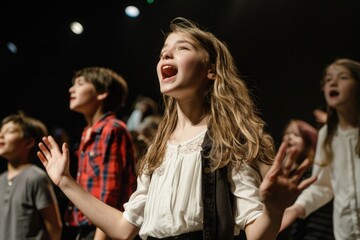 Children passionately singing on stage during a musical performance, expressions full of emotion