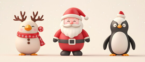 A vector set of 3 Christmas characters in clay design, including Santa Claus, a reindeer, and a penguin, adorable and festive, 3d render pastel color, isolated on a clean background