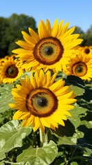 Obraz premium Two vibrant yellow sunflowers with dark brown centers bloom in a field of green leaves under a clear blue sky.