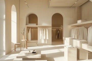 Modern shop with clean lines and minimalistic displays featuring neutral-colored clothing