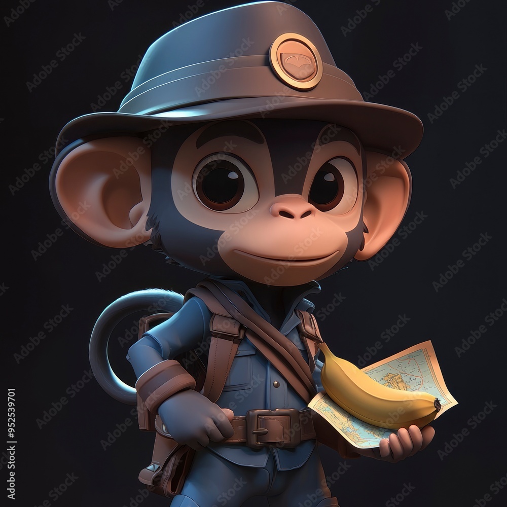 Poster Adventurous Monkey with Banana and Map