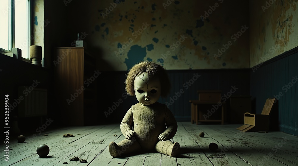 Wall mural Eerie cracked doll with missing eye i